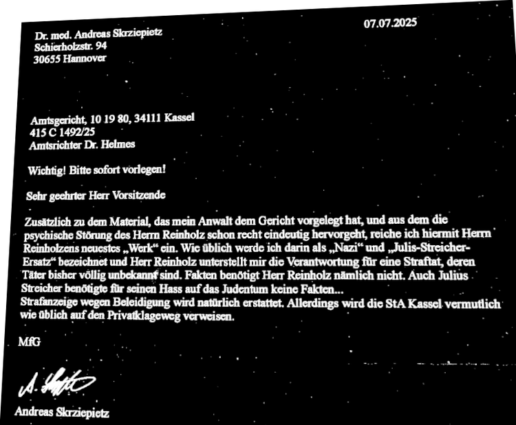 Amtsgericht Kassel untersagt von Schädigungsabsicht getriebenem Lügner Andreas Skrziepietz (Hannover) blöde Verleumdungen und Beleidigungen