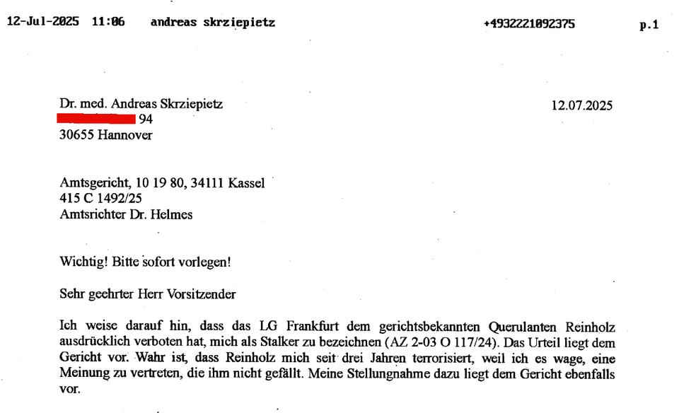 Andreas Skrziepietz belästigt nicht gänzlich unschuldigen Amtsrichter per Telefax - Wurde das Vormundschaftgericht in Hannover schon involviert?